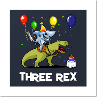 Three Rex Kids 3rd Birthday Shark Riding Dinosaur Posters and Art